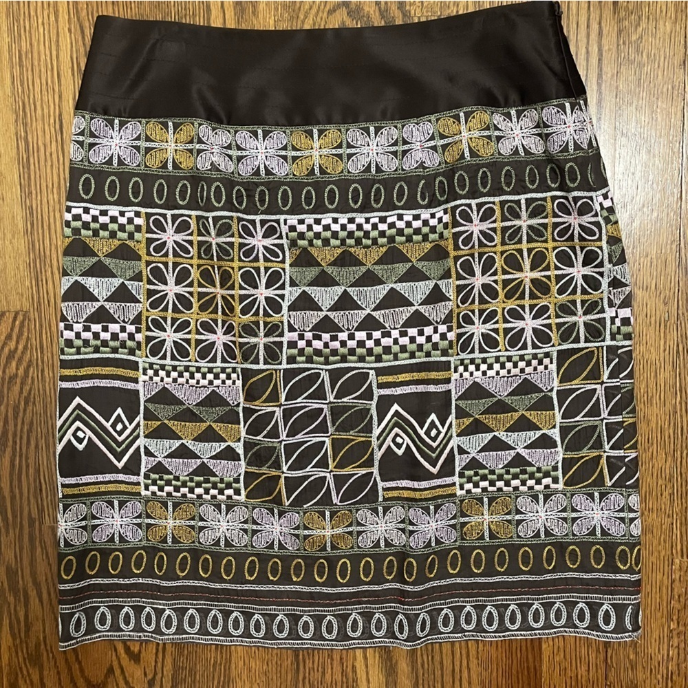 Etcetera Brown Purple Pink Embroidered 100% Silk Skirt Size 6